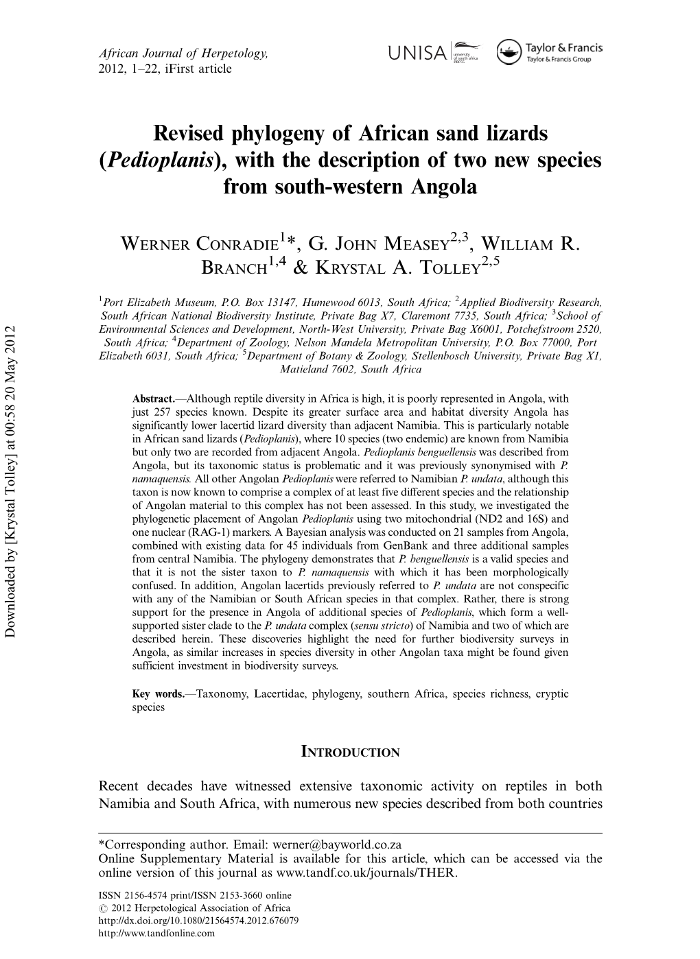 Revised Phylogeny of African Sand Lizards (Pedioplanis), with the Description of Two New Species from South-Western Angola