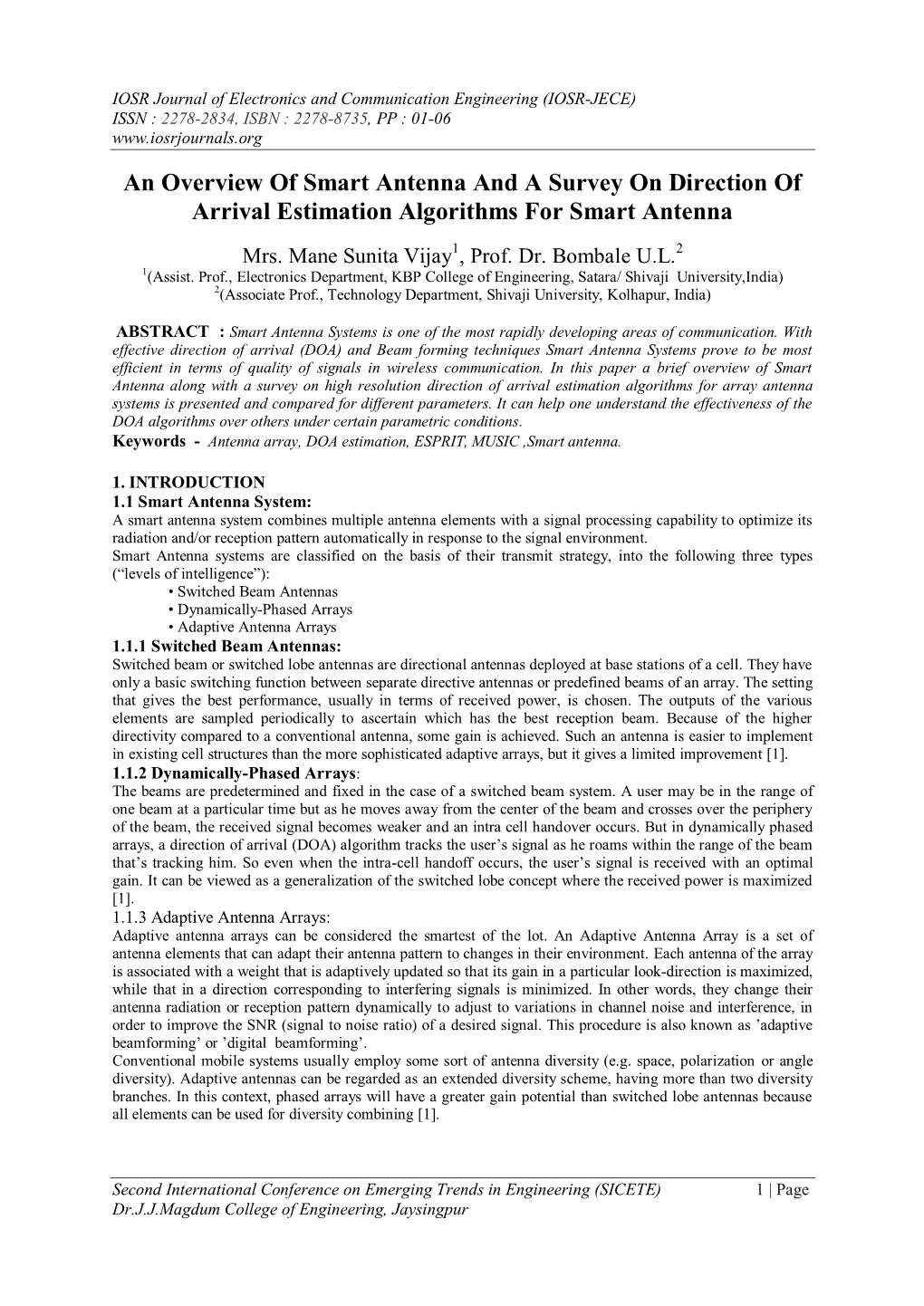 An Overview of Smart Antenna and a Survey on Direction of Arrival Estimation Algorithms for Smart Antenna