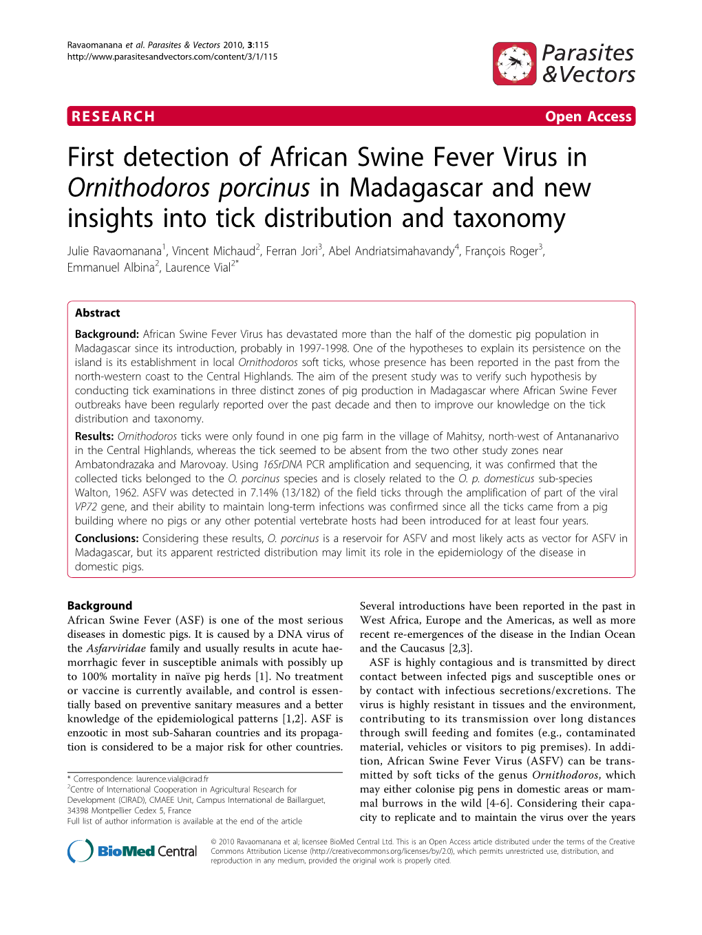 First Detection of African Swine Fever Virus in Ornithodoros Porcinus In