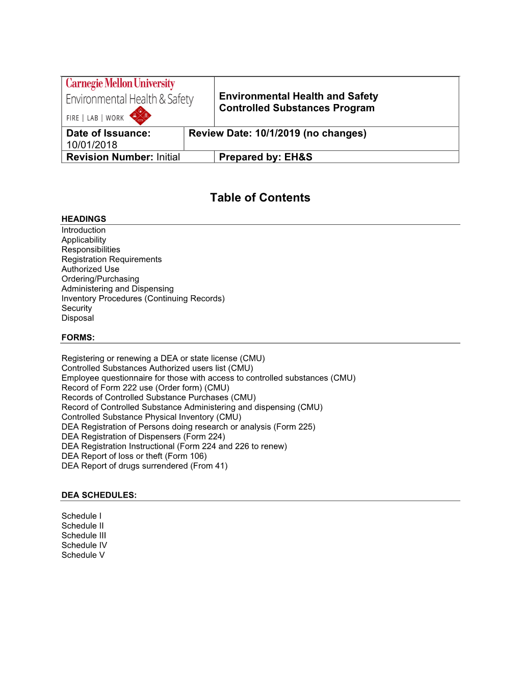 Outline for Controlled Substances Program