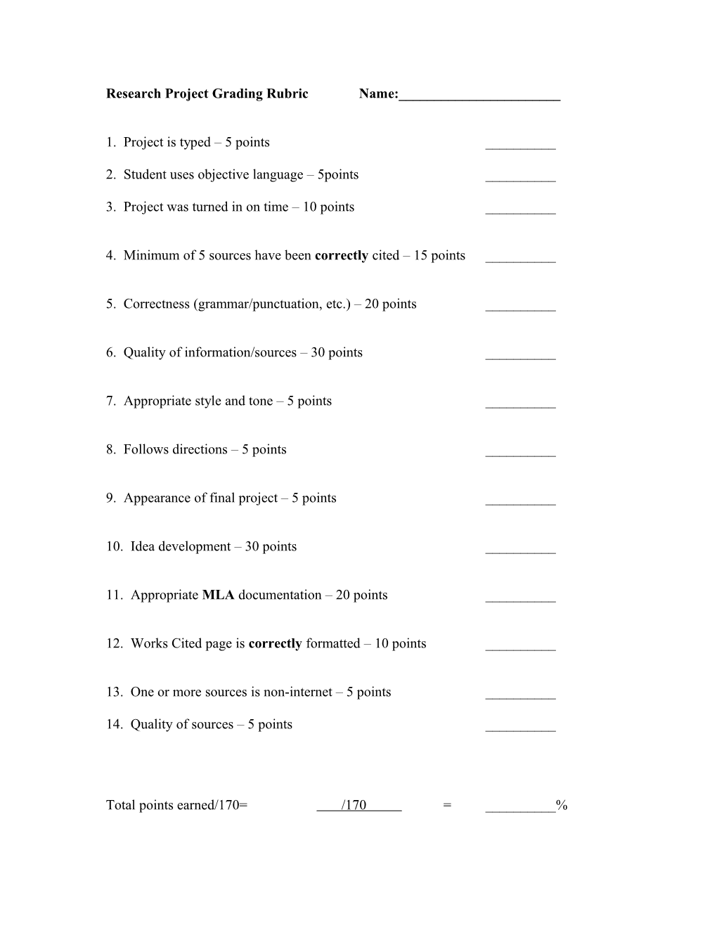 I-Search Project Grading Rubric