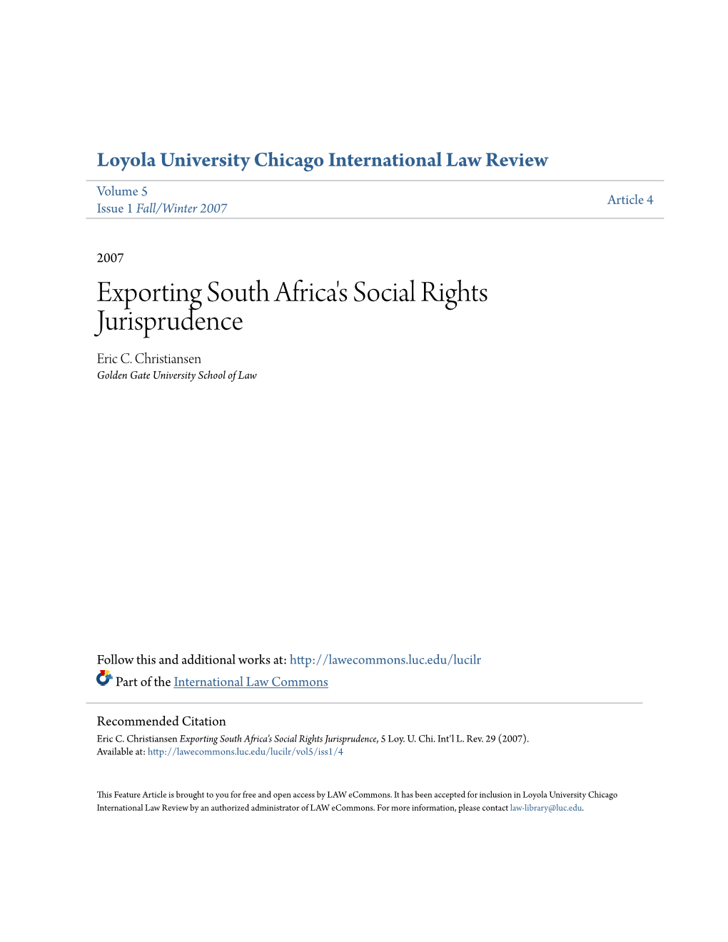 Exporting South Africa's Social Rights Jurisprudence Eric C