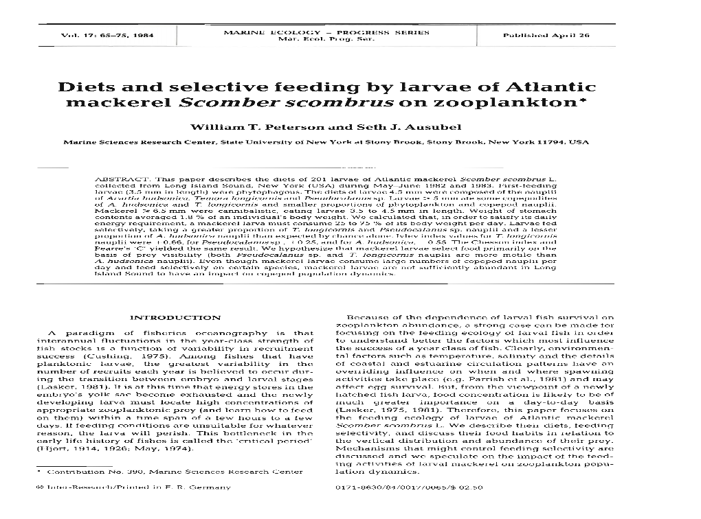 Mackerel Scomber Scombrus on Zooplankton*