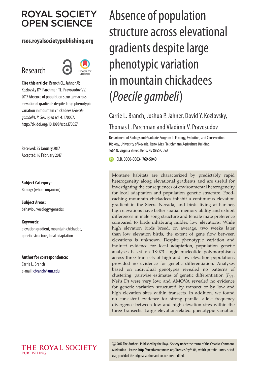 Absence of Population Structure Across Elevational Gradients Despite Large Phenotypic (Poecile Gambeli) Variationinmountainchickadees(Poecile Gambeli)