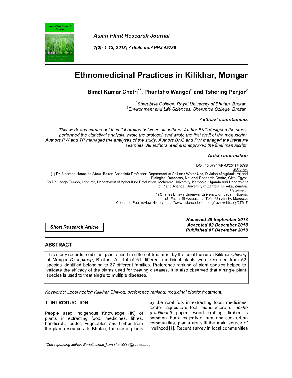 Ethnomedicinal Practices in Kilikhar, Mongar