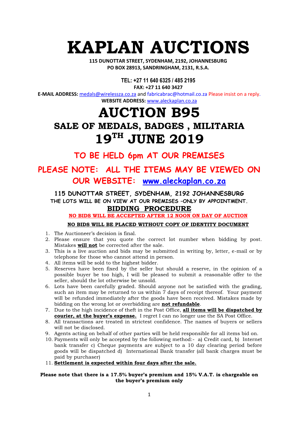 Kaplan Auctions 115 Dunottar Street, Sydenham, 2192, Johannesburg Po Box 28913, Sandringham, 2131, R.S.A