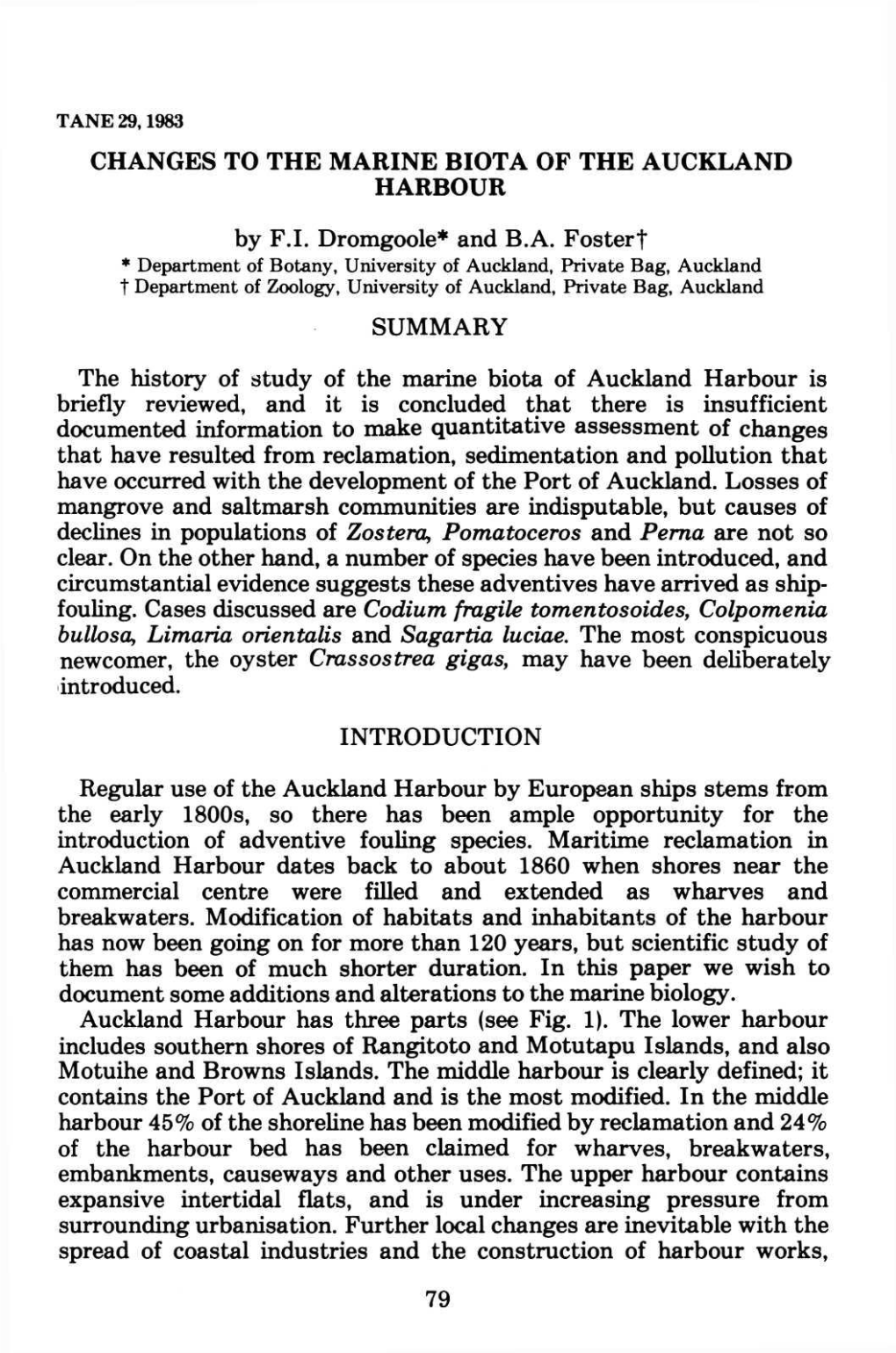 Changes to the Marine Biota of the Auckland Harbour, by F. I