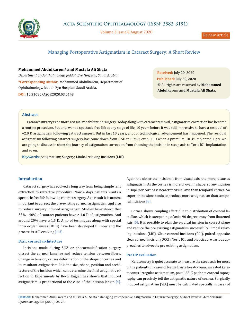 Managing Postoperative Astigmatism in Cataract Surgery: a Short Review