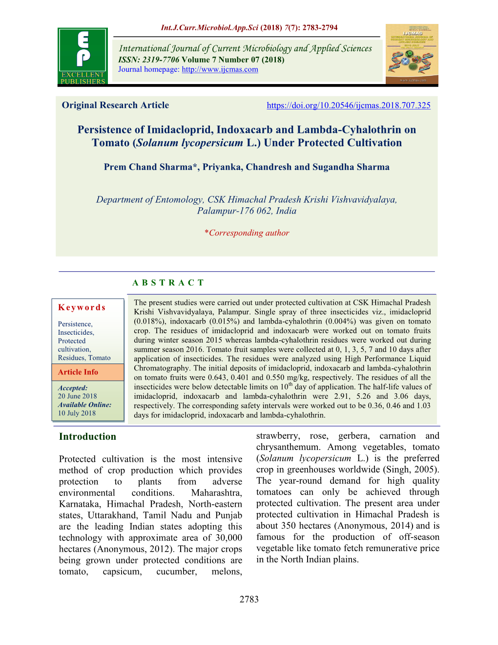 Persistence of Imidacloprid, Indoxacarb and Lambda-Cyhalothrin on Tomato (Solanum Lycopersicum L.) Under Protected Cultivation