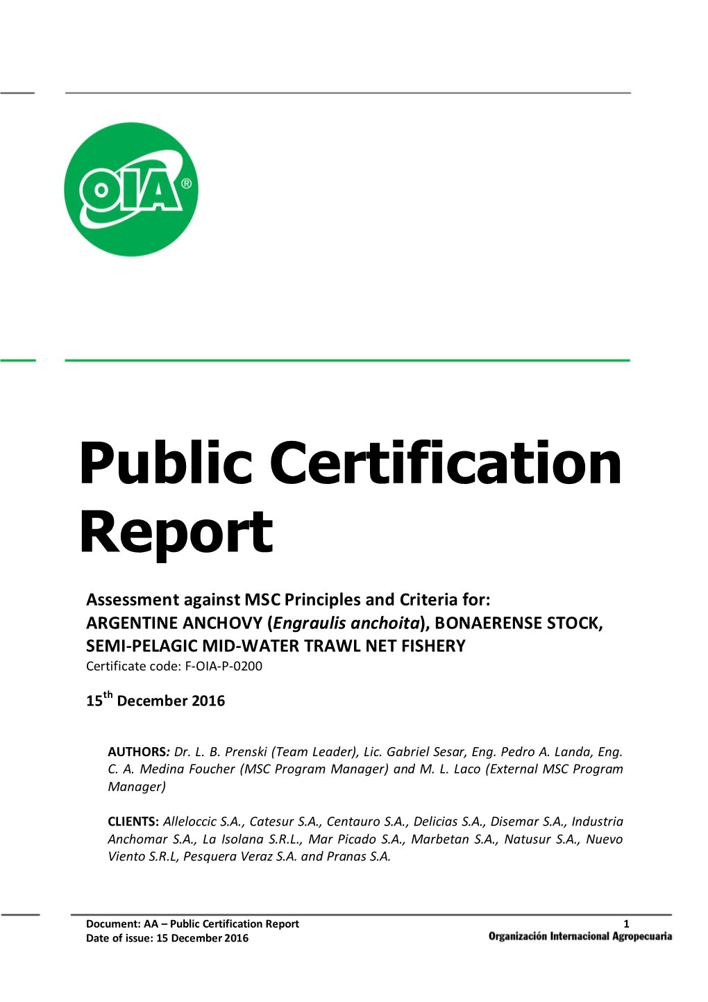 ARGENTINE ANCHOVY Public Certification Report 151216