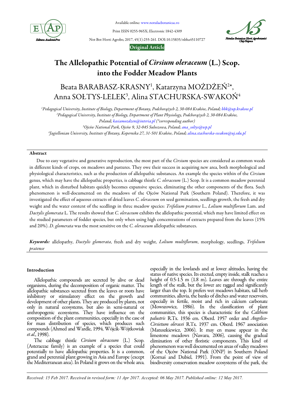 The Allelopathic Potential of Cirsium Oleraceum (L.) Scop