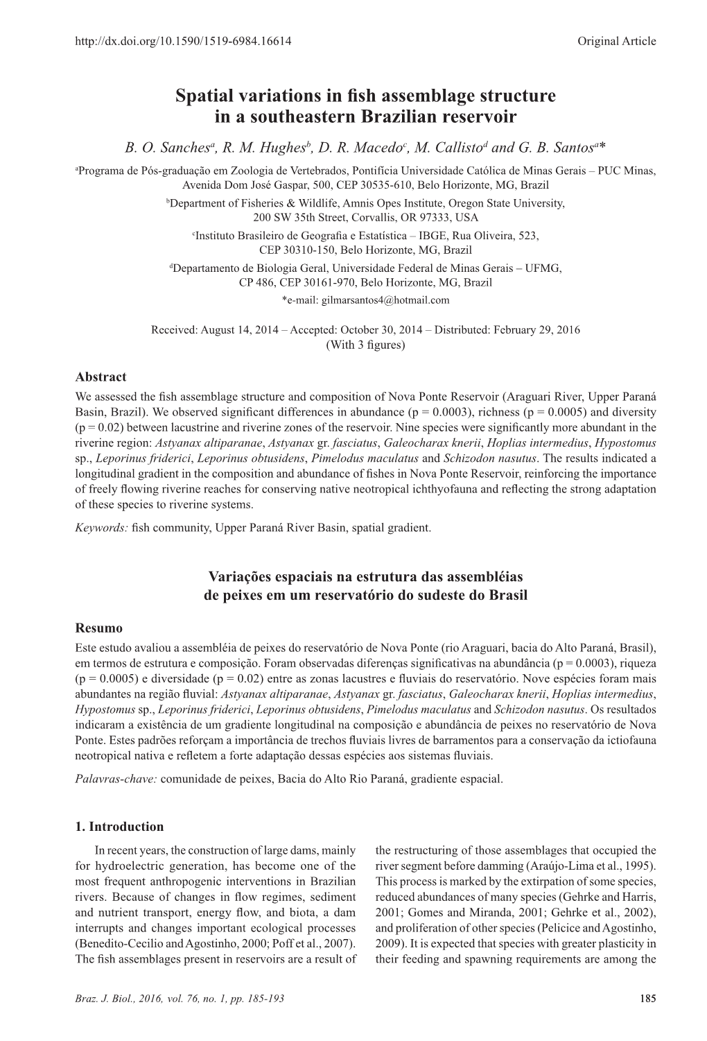 Spatial Variations in Fish Assemblage Structure in a Southeastern Brazilian Reservoir B