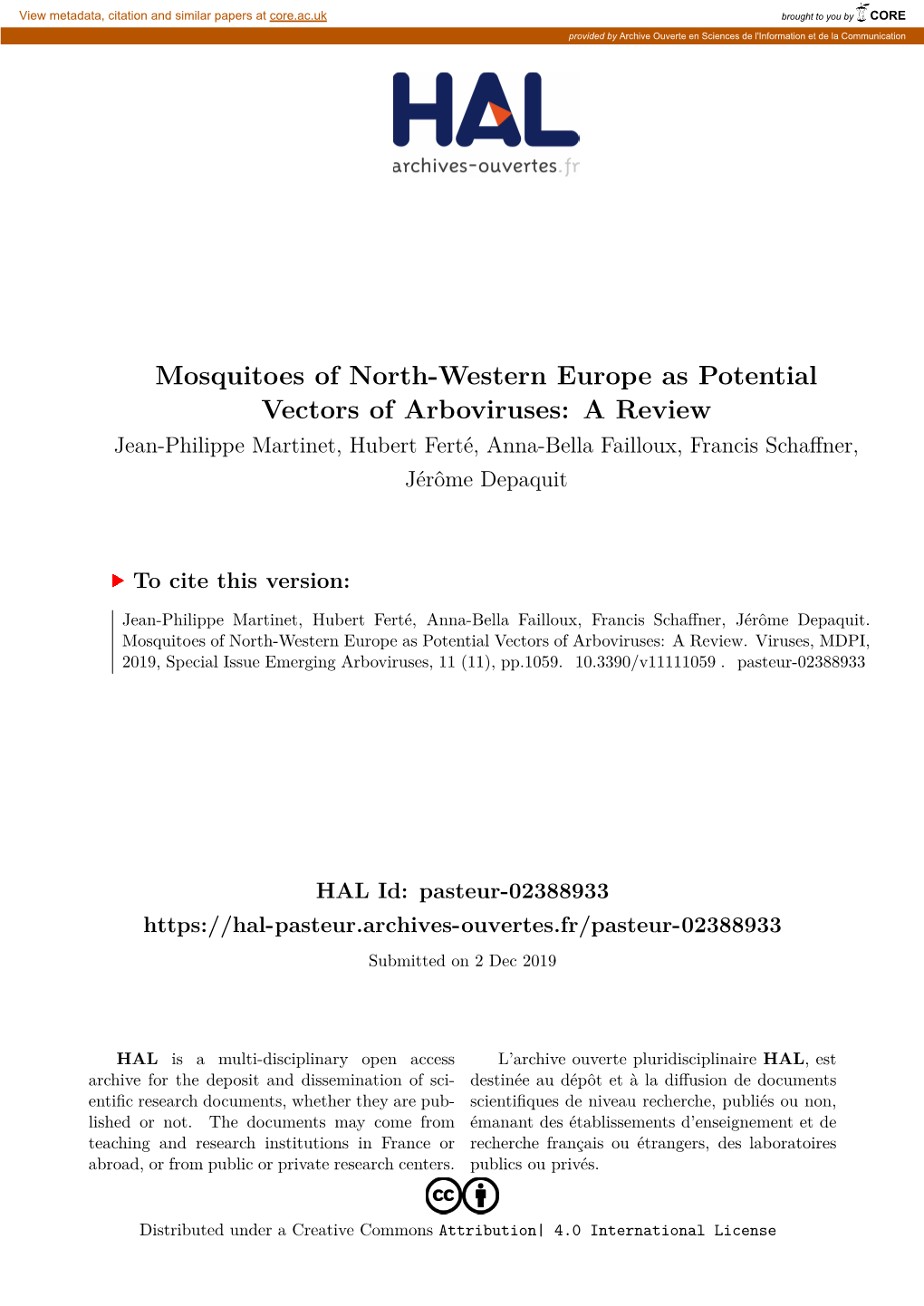 Mosquitoes of North-Western Europe As Potential Vectors of Arboviruses: a Review