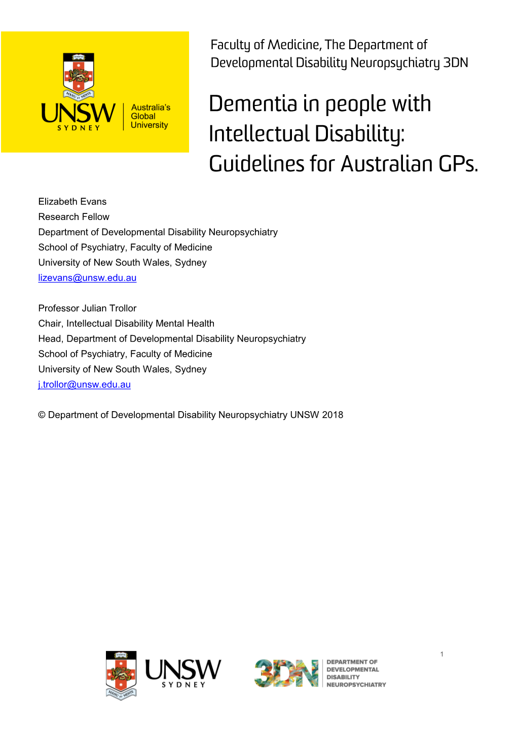 Dementia in People with Intellectual Disability: Guidelines for Australian