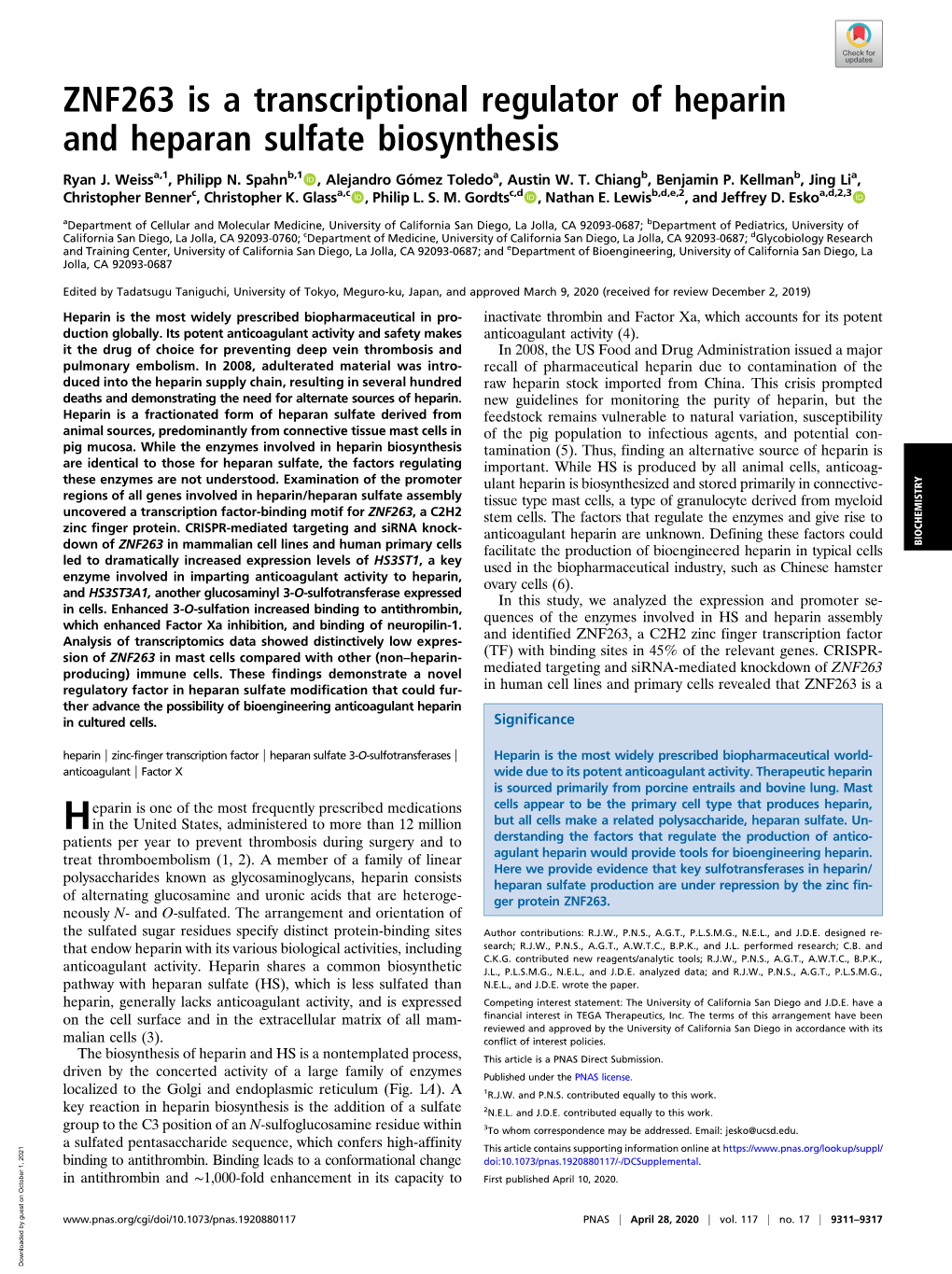 ZNF263 Is a Transcriptional Regulator of Heparin and Heparan Sulfate Biosynthesis