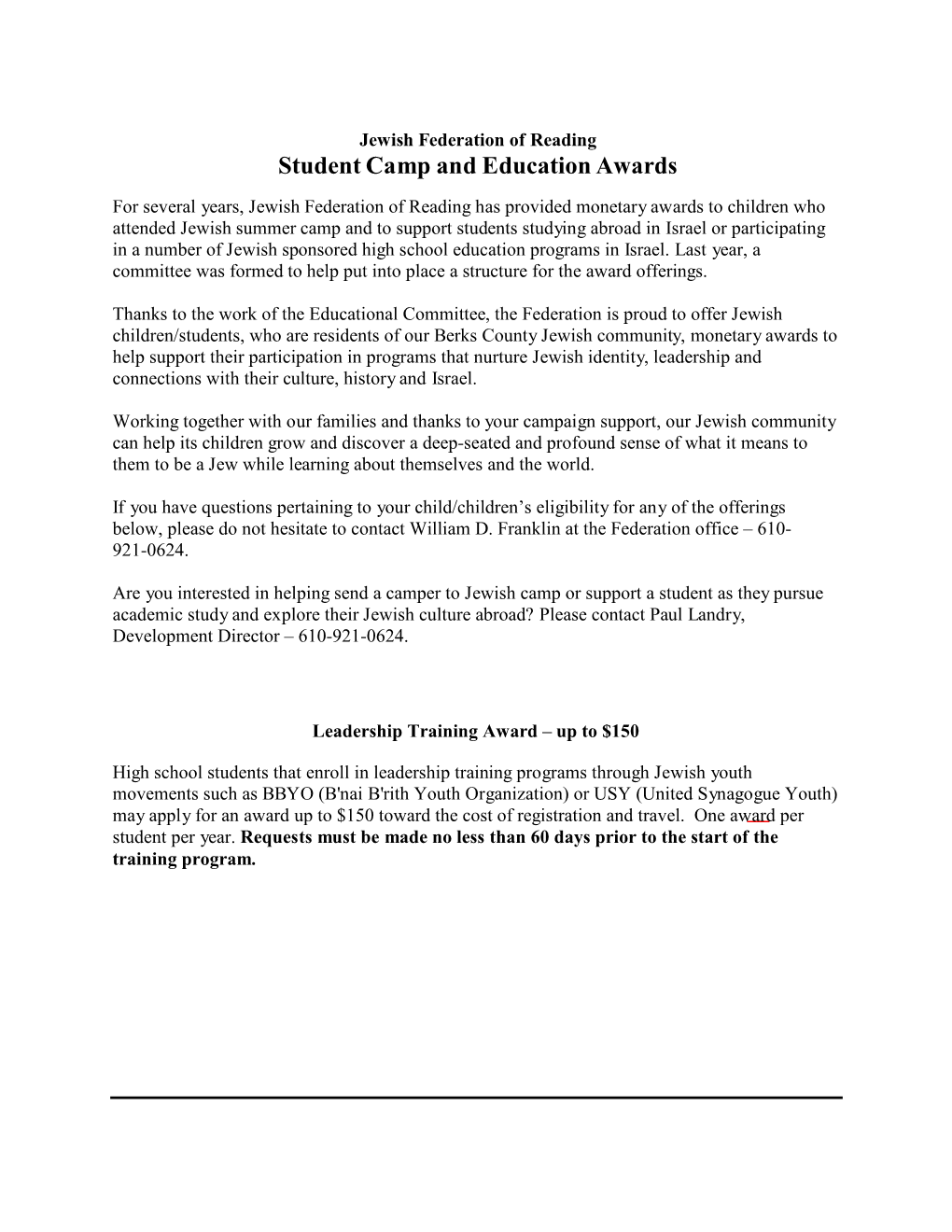 Jewish Federation of Reading Student Camp and Education Awards