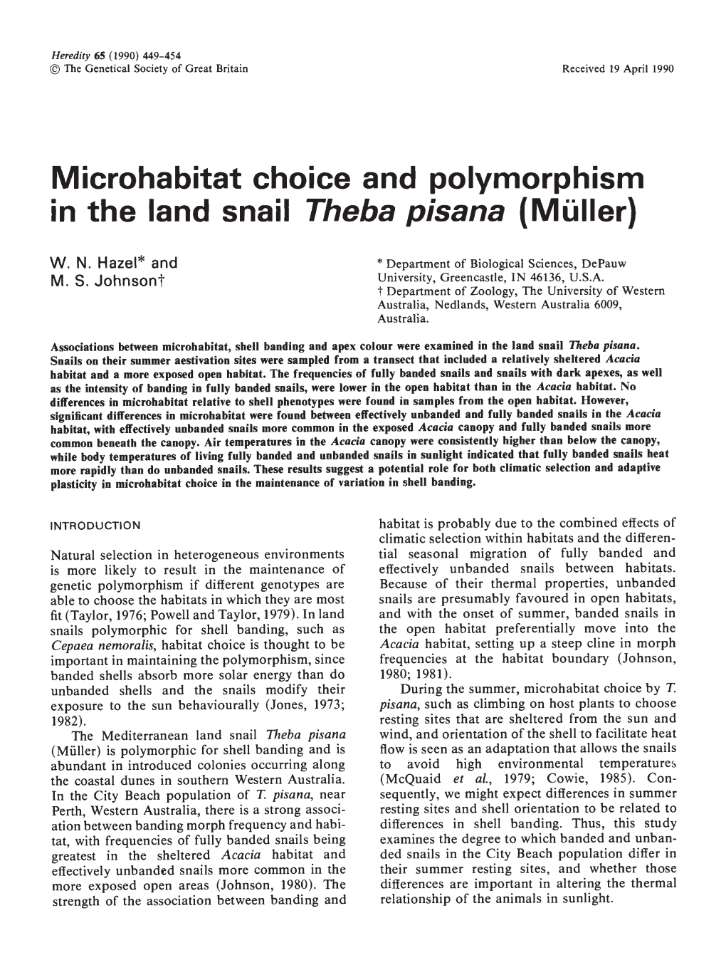 Microhabitat Choice and Polymorphism in the Land Snail Theba Pisana (Muller)