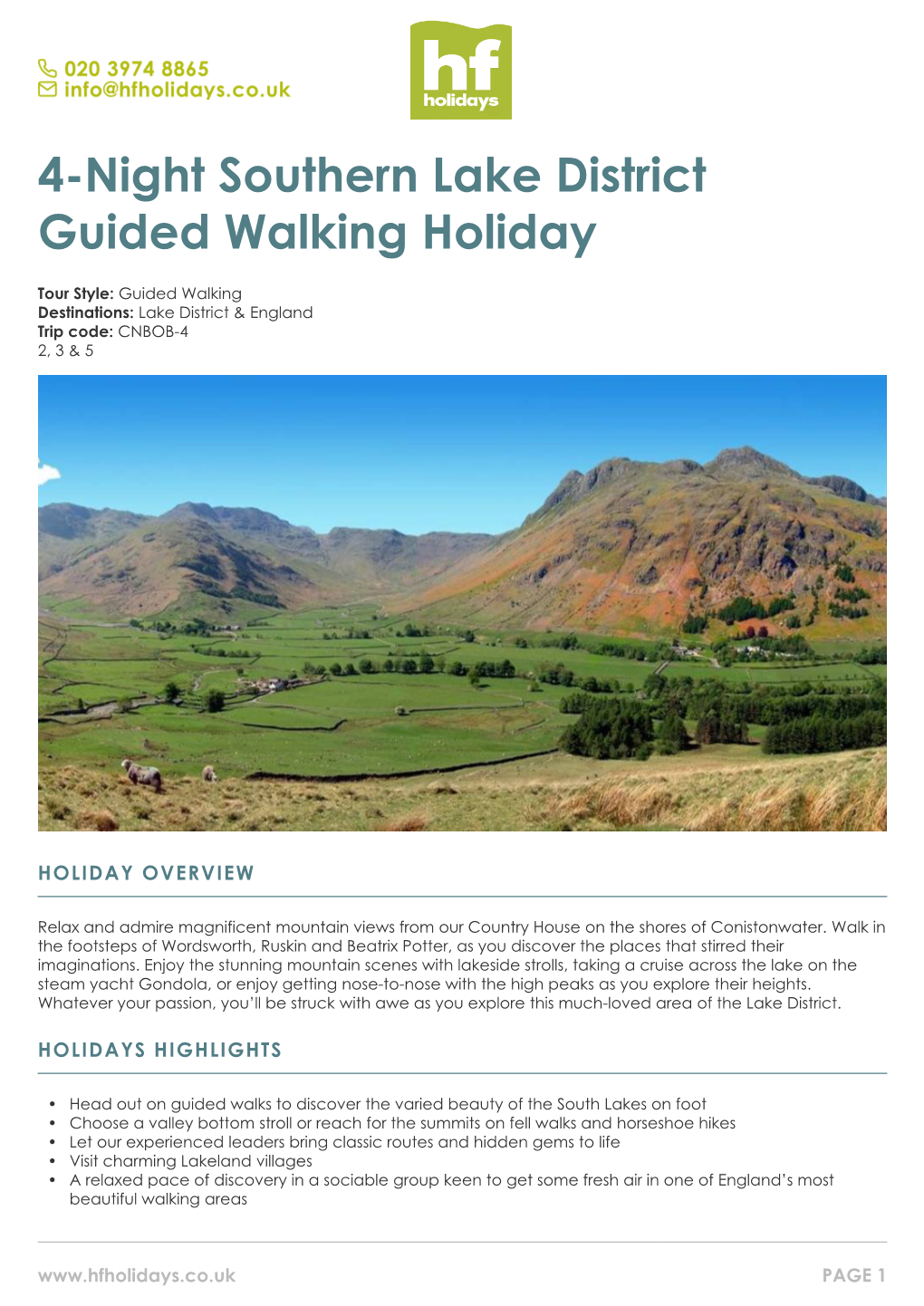 4-Night Southern Lake District Guided Walking Holiday