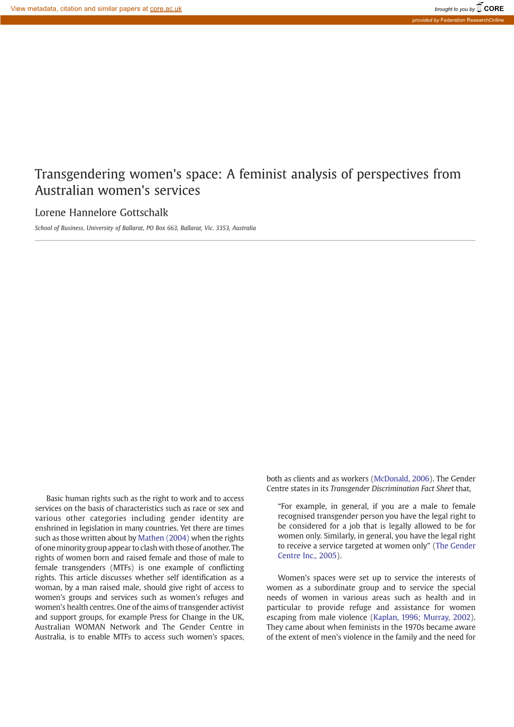 A Feminist Analysis of Perspectives from Australian Women's Services