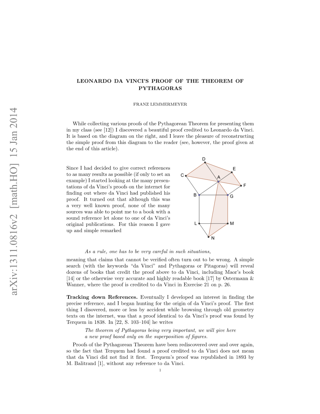On Leonardo Da Vinci's Proof of the Theorem of Pythagoras