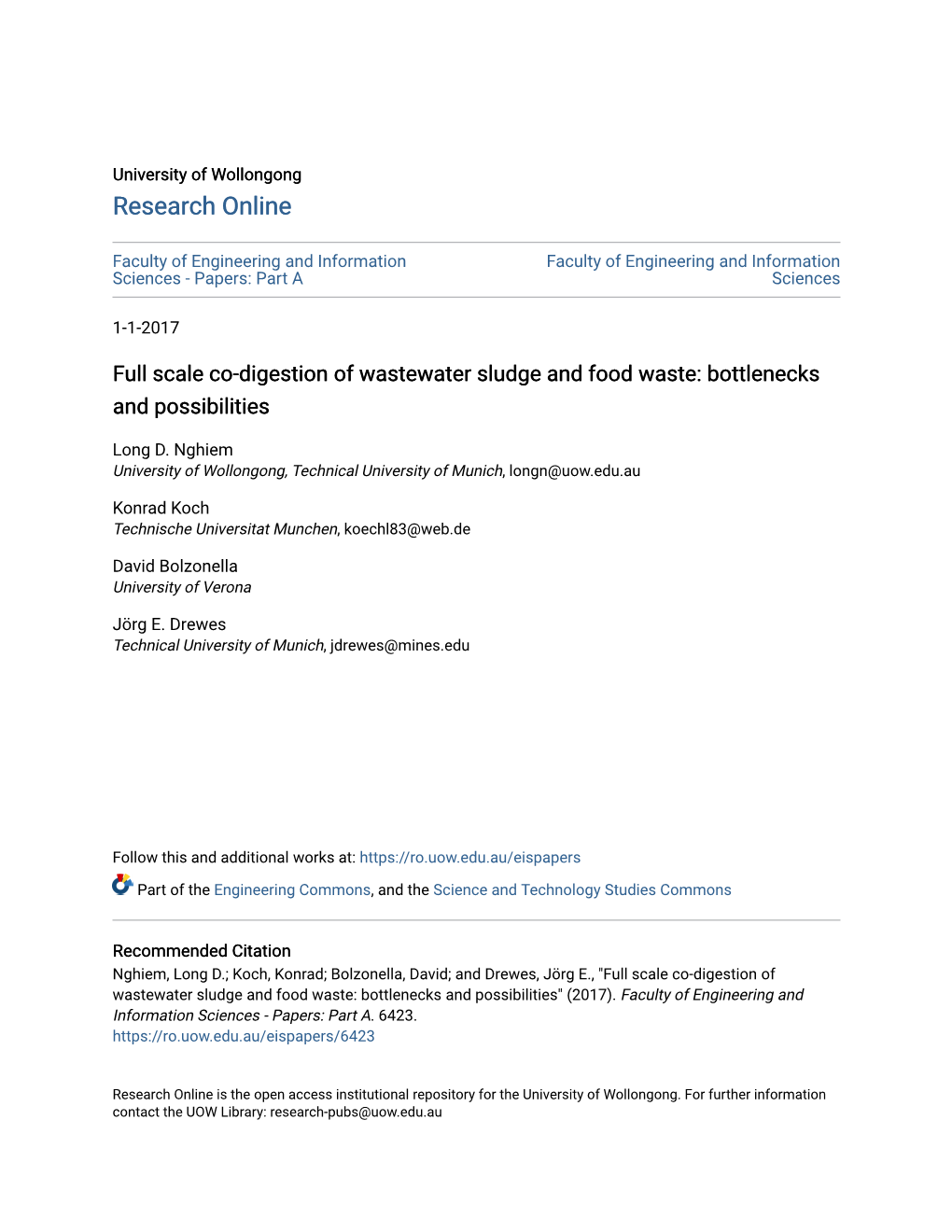 Full Scale Co-Digestion of Wastewater Sludge and Food Waste: Bottlenecks and Possibilities