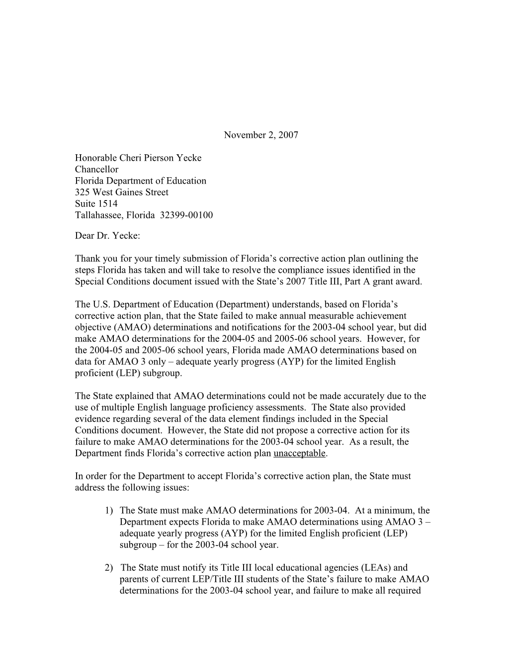 Letter Regarding Florida's 2007 Corrective Action Plan and Conditions (MS Word)