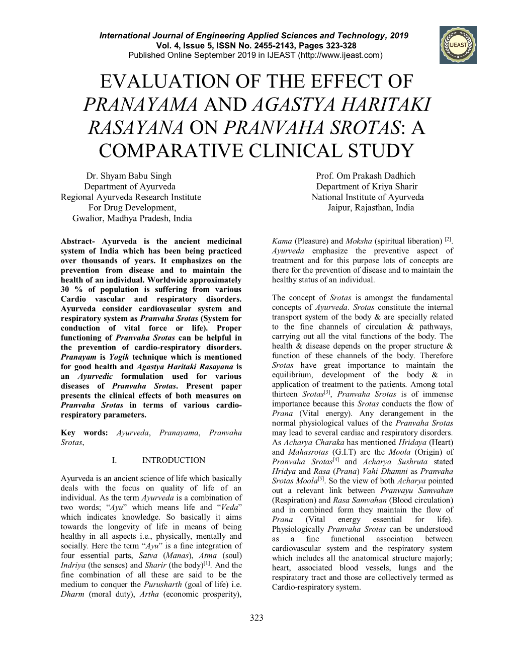 Evaluation of the Effect of Pranayama and Agastya Haritaki Rasayana on Pranvaha Srotas: a Comparative Clinical Study