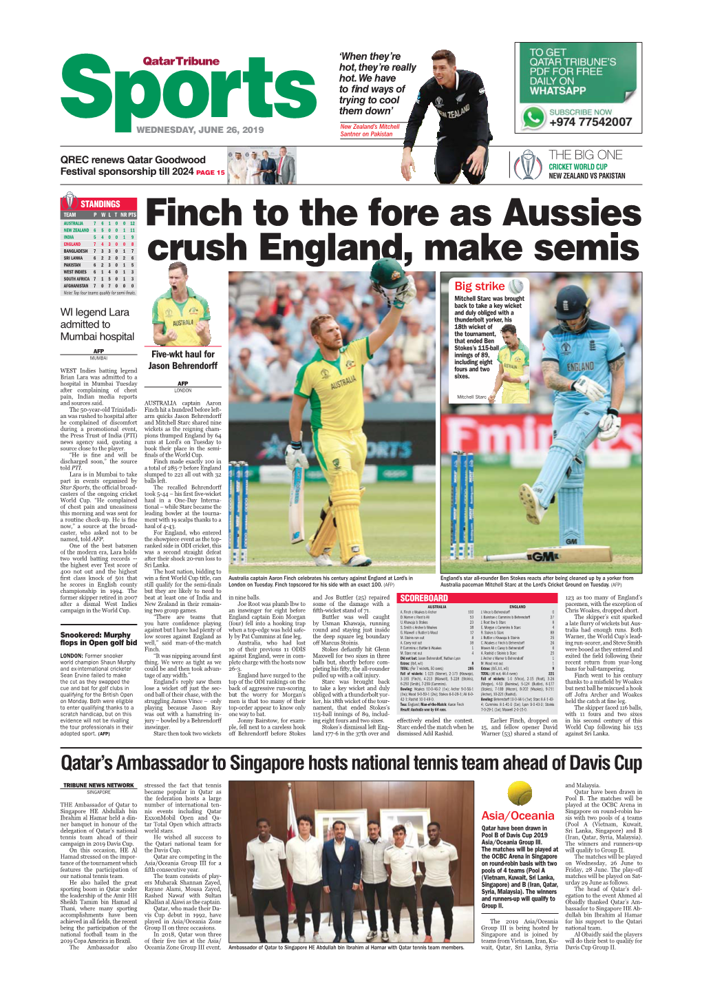 Finch to the Fore As Aussies Crush England, Make Semis