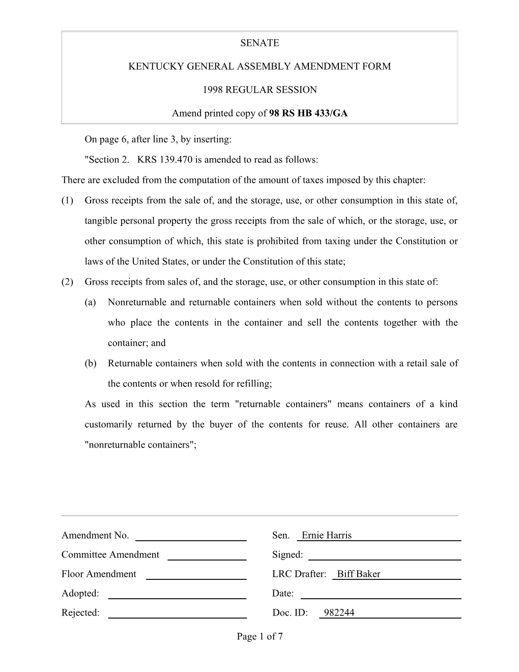Kentucky General Assembly Amendment Form s1
