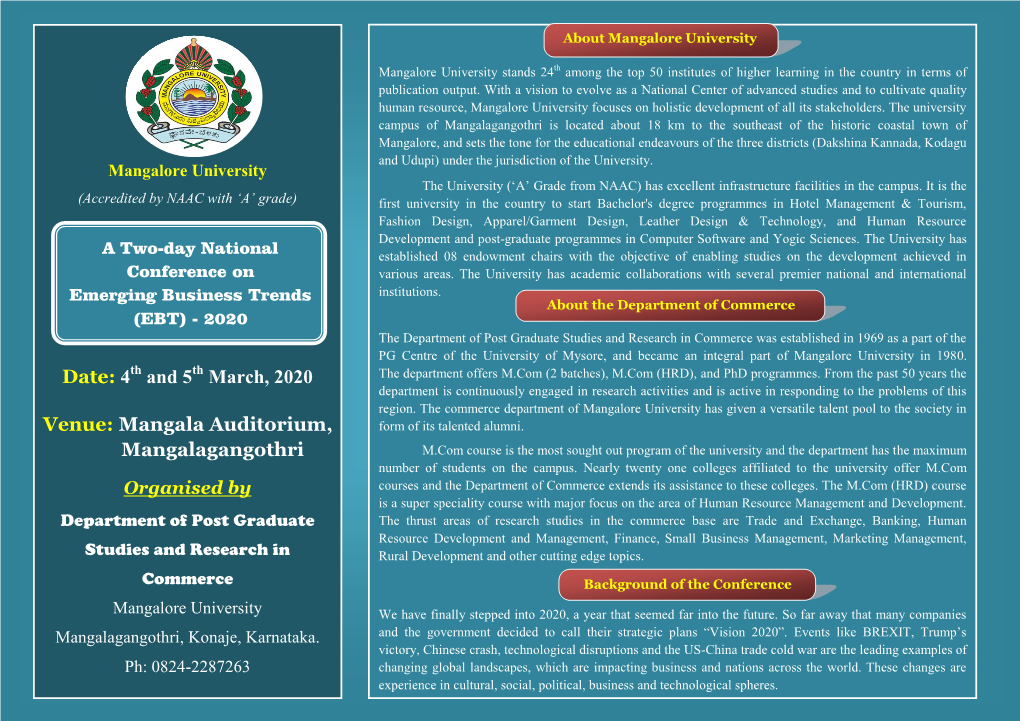 4 and 5 March, 2020 Venue: Mangala Auditorium, Mangalagangothri