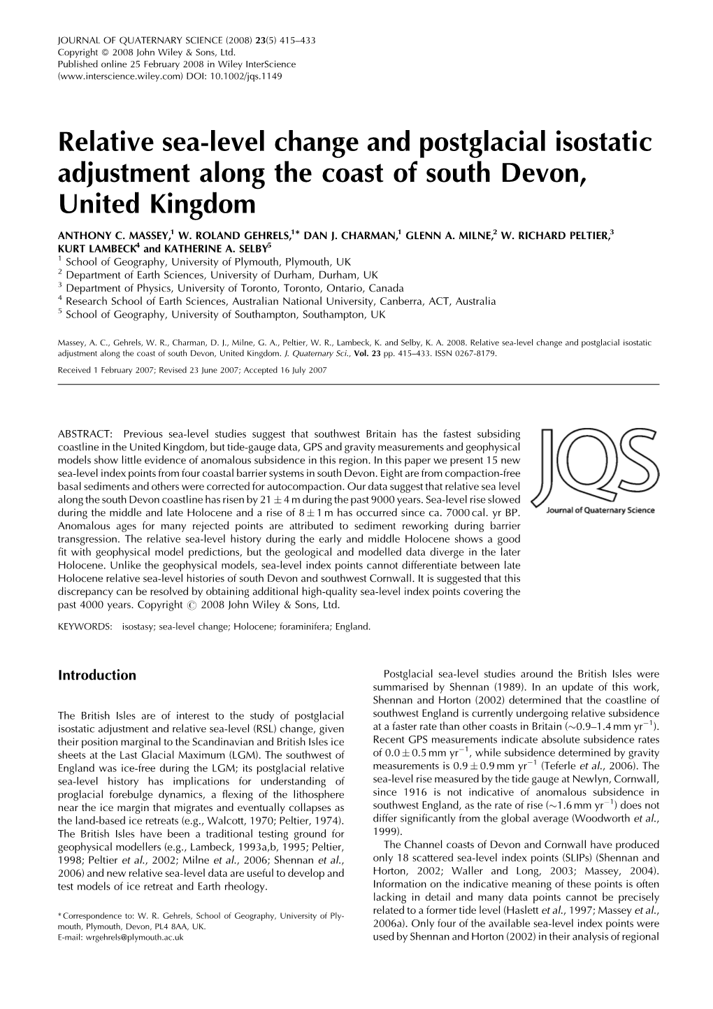 Massey Et Al, Relative Sea Alevel Change and Postglacial Isostatic