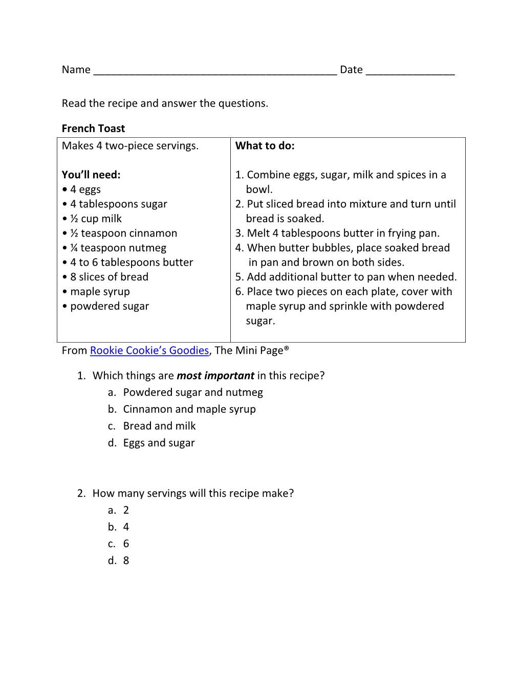 French Toast Makes 4 Two-Piece Servings