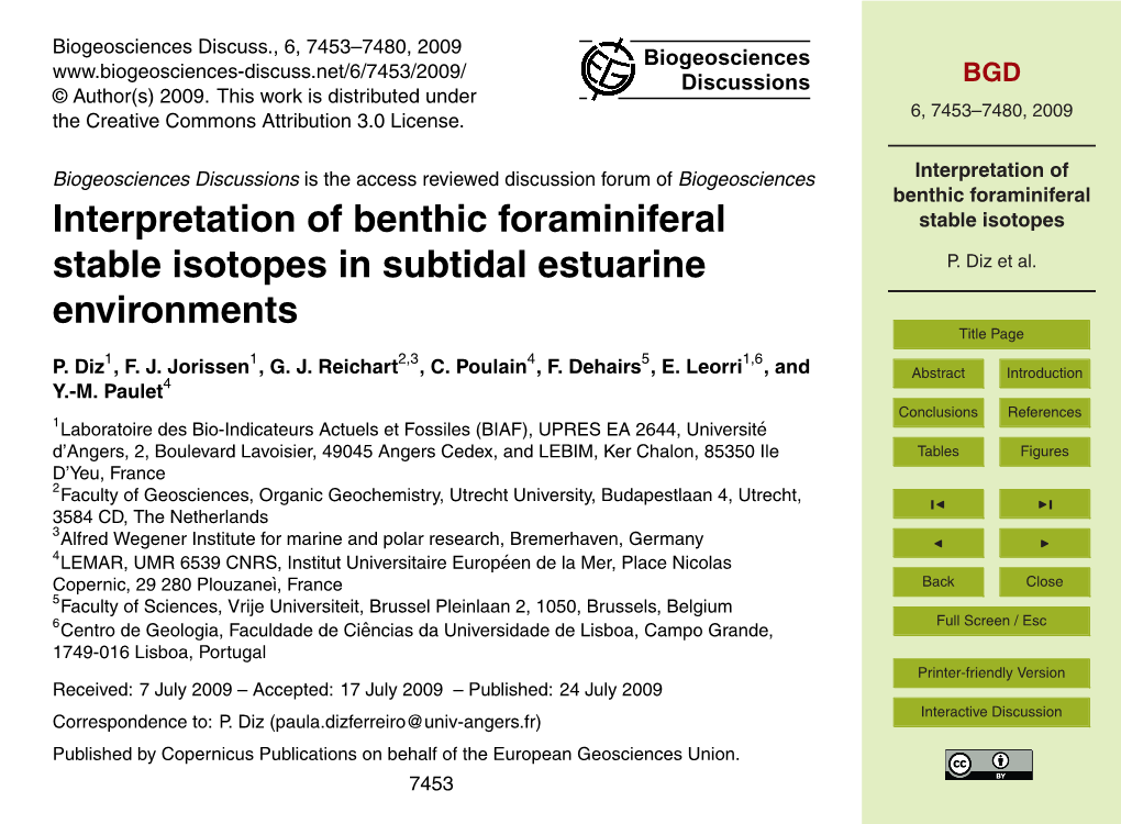 Interpretation of Benthic Foraminiferal Stable Isotopes in Subtidal Estuarine Environments