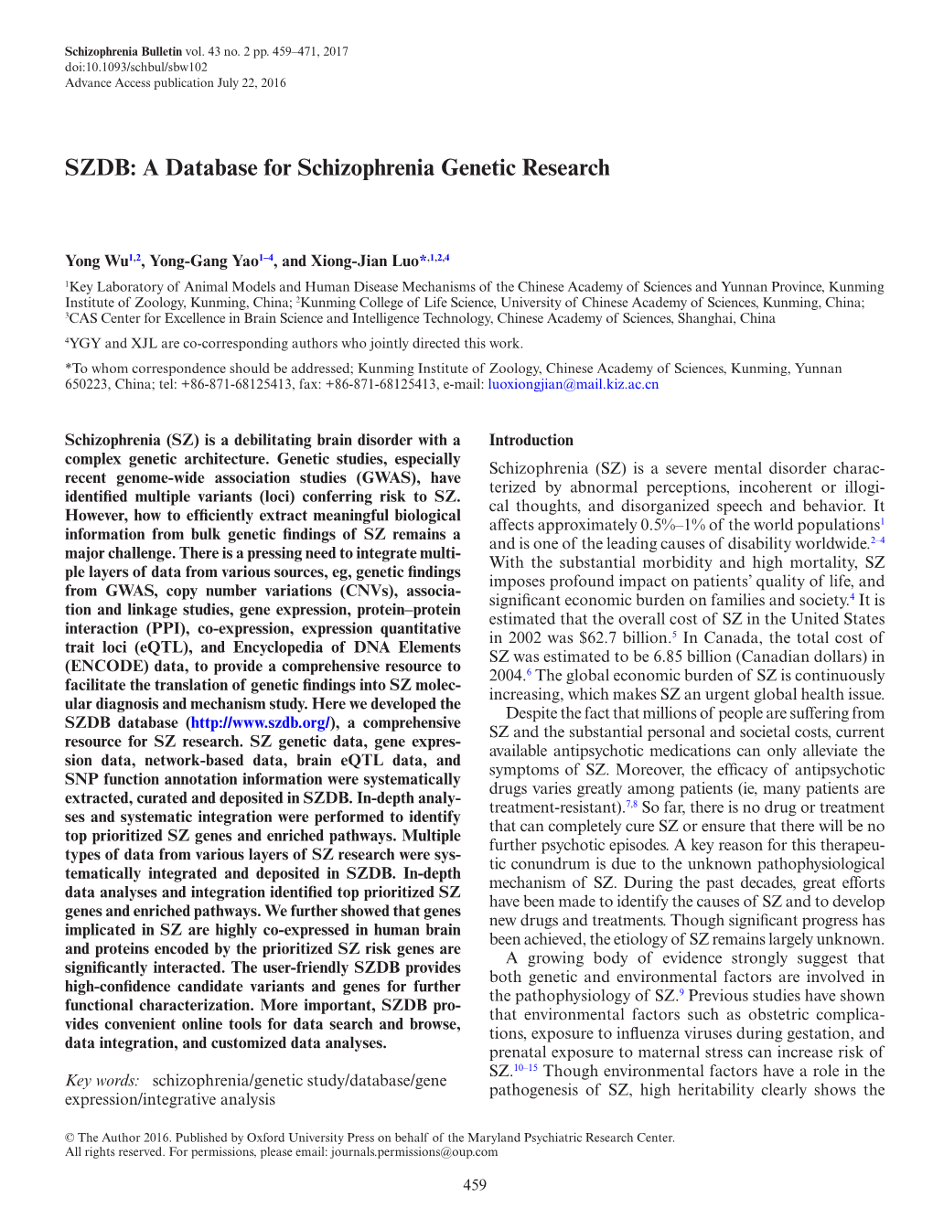 SZDB: a Database for Schizophrenia Genetic Research