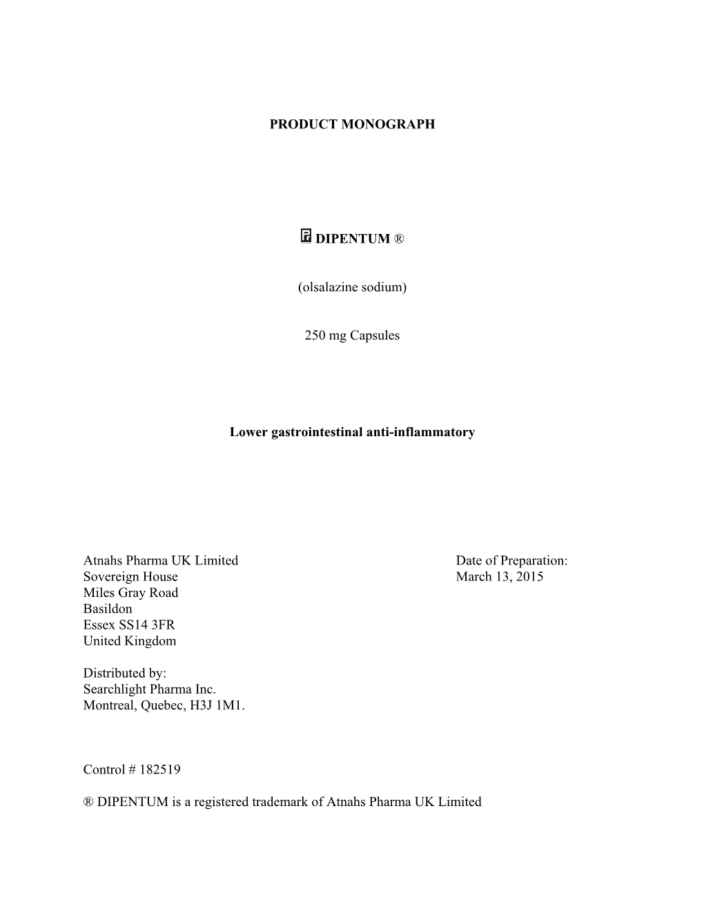 PRODUCT MONOGRAPH DIPENTUM ® (Olsalazine Sodium)