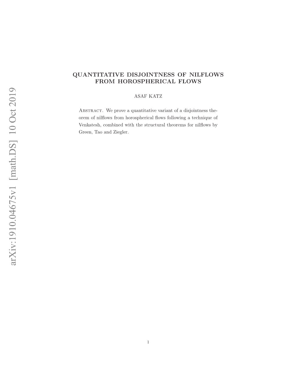 Arxiv:1910.04675V1 [Math.DS] 10 Oct 2019 UNIAIEDSONNS FNILFLOWS of DISJOINTNESS QUANTITATIVE Ekts,Cmie Ihtesrcua Hoesfrnlosby Ziegler