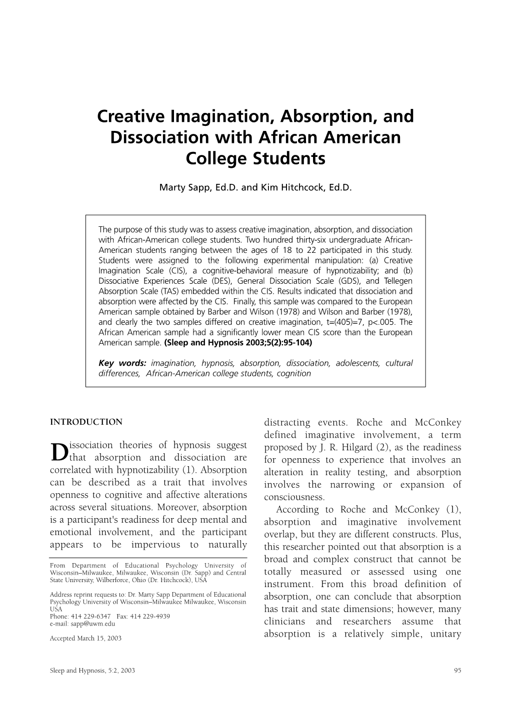 Creative Imagination, Absorption, and Dissociation with African American College Students