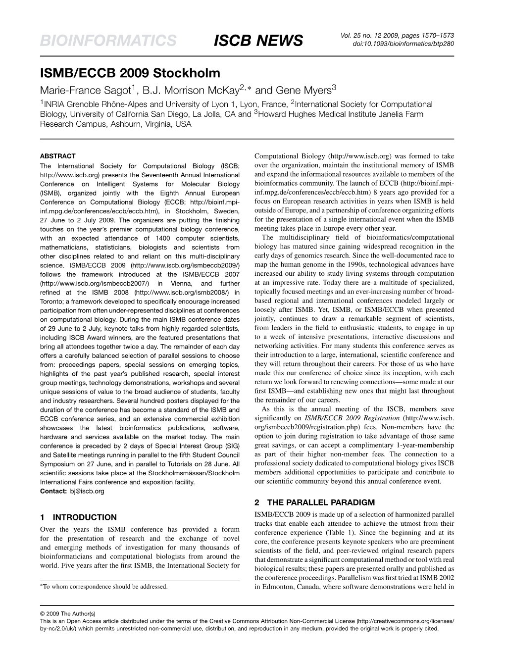 BIOINFORMATICS ISCB NEWS Doi:10.1093/Bioinformatics/Btp280