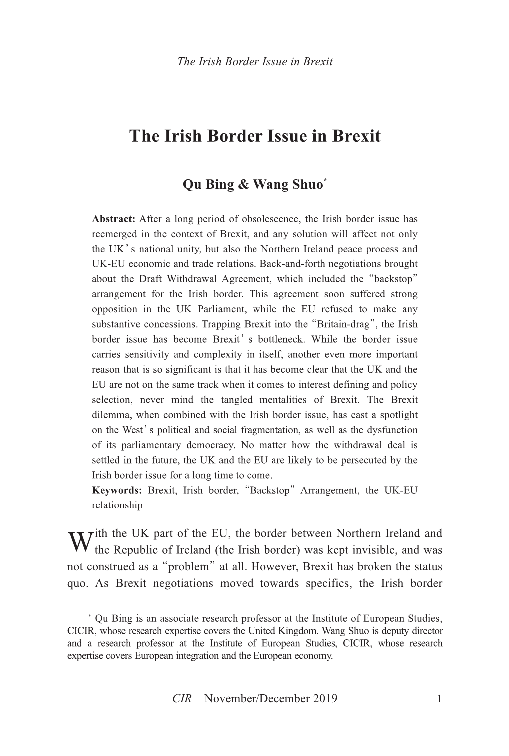 The Irish Border Issue in Brexit Qu Bing and Wang Shuo