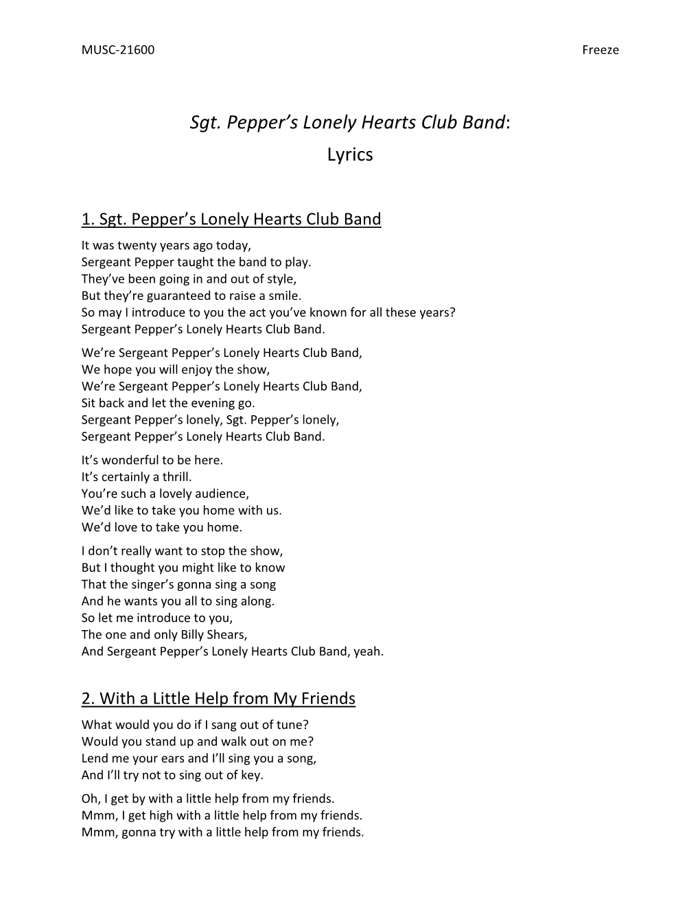Sgt. Pepper's Lonely Hearts Club Band: Lyrics