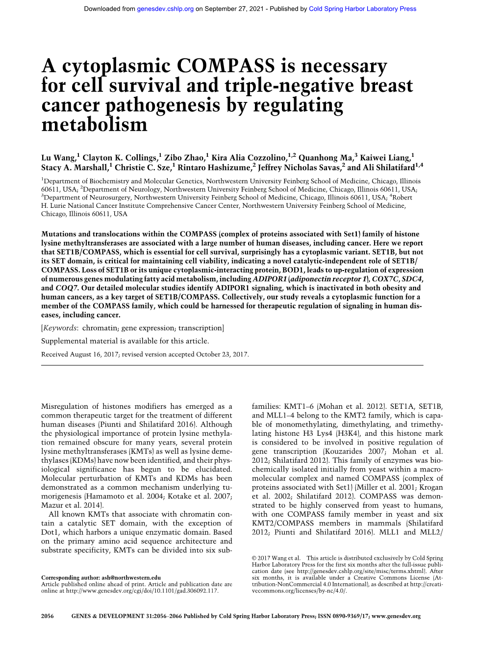 A Cytoplasmic COMPASS Is Necessary for Cell Survival and Triple-Negative Breast Cancer Pathogenesis by Regulating Metabolism