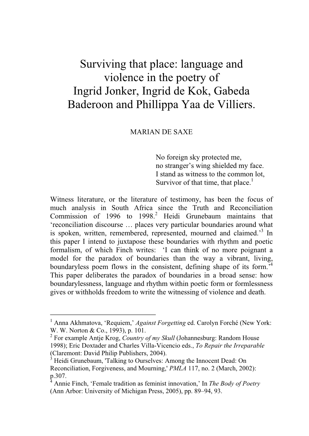 Language and Violence in the Poetry of Ingrid Jonker, Ingrid De Kok, Gabeda Baderoon and Phillippa Yaa De Villiers