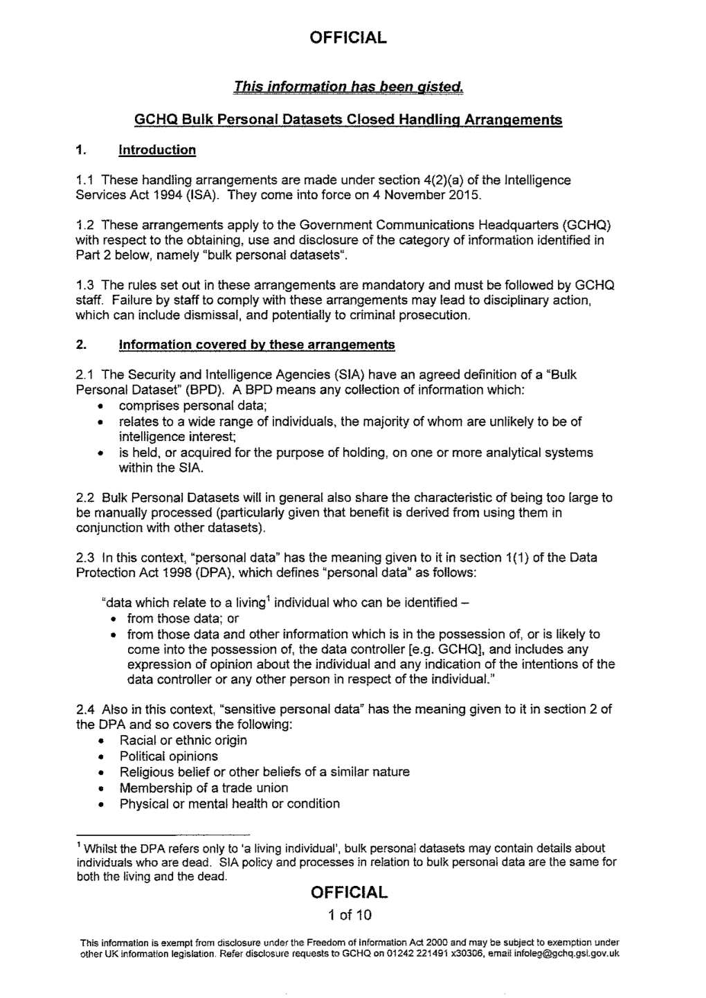 10. GCHQ. Handling Arrangements for Bulk