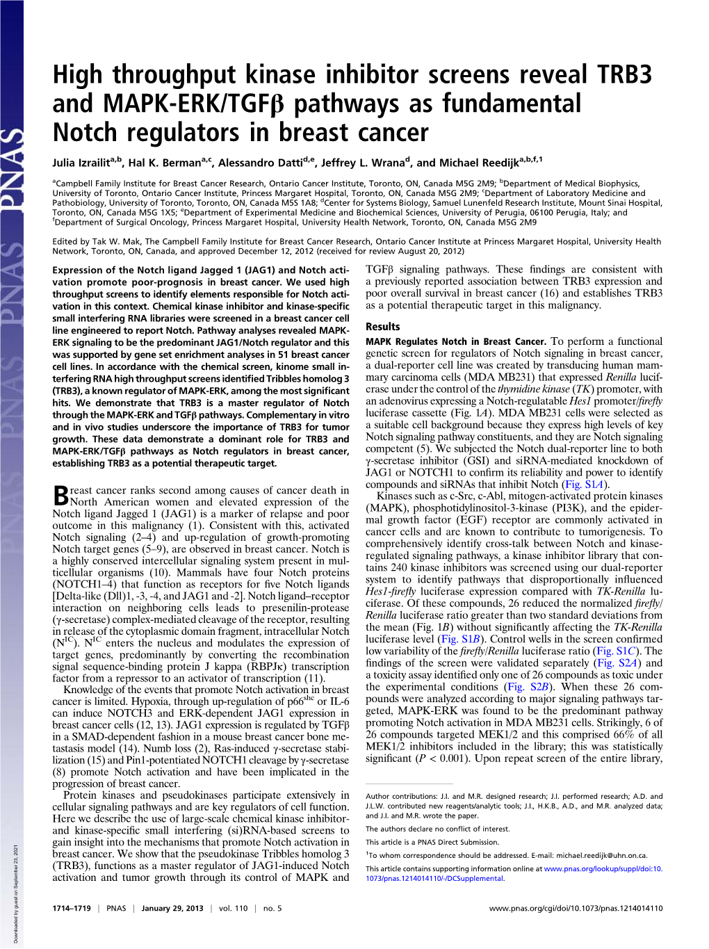High Throughput Kinase Inhibitor Screens Reveal TRB3 and MAPK-ERK/Tgfβ Pathways As Fundamental Notch Regulators in Breast Cancer