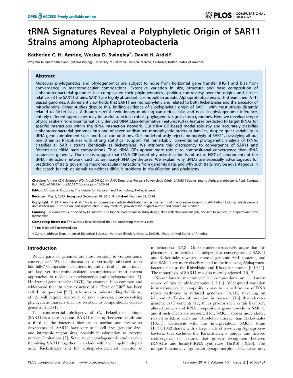 Trna Signatures Reveal a Polyphyletic Origin of SAR11 Strains Among Alphaproteobacteria