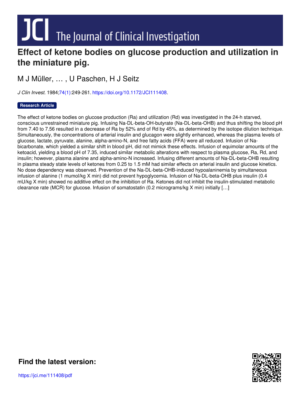 Effect of Ketone Bodies on Glucose Production and Utilization in the Miniature Pig