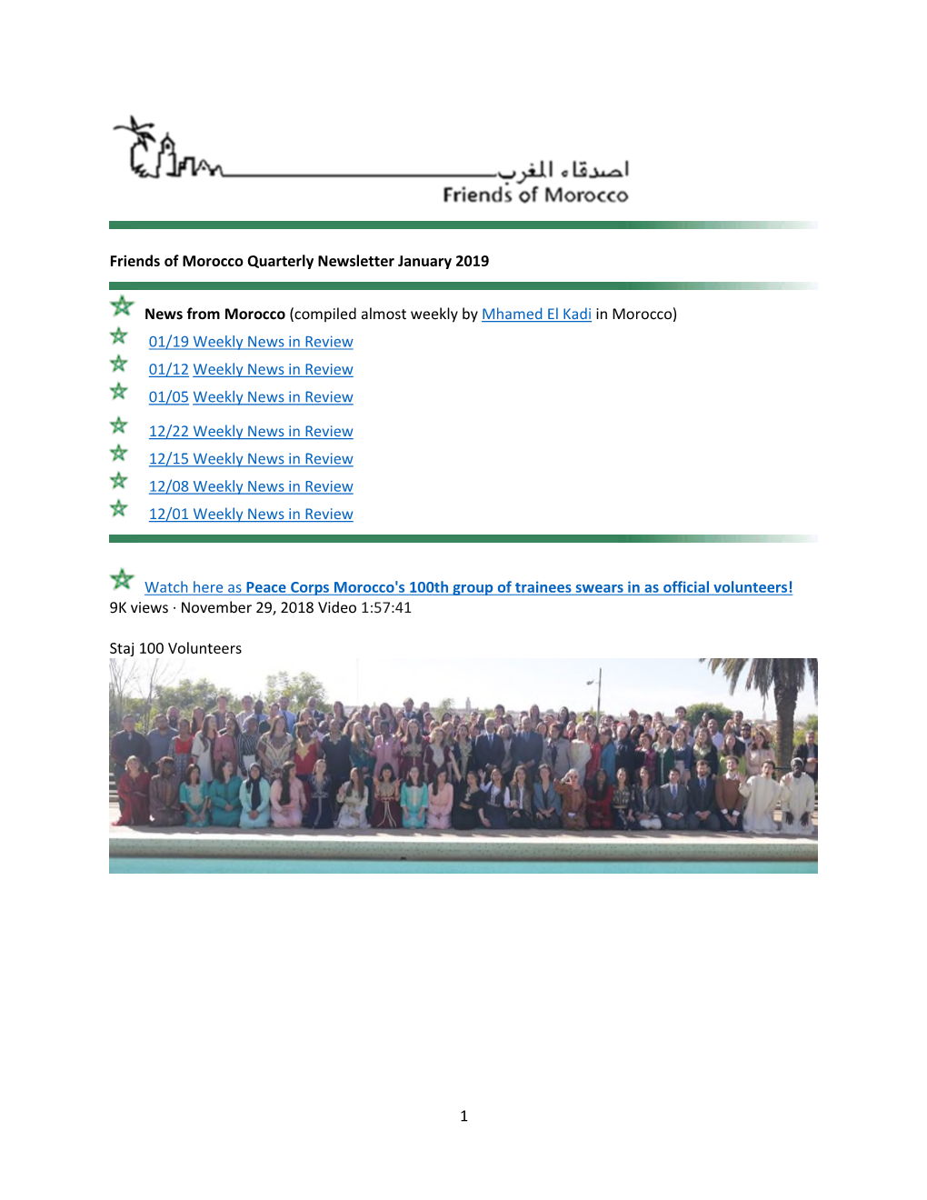 1 Friends of Morocco Quarterly Newsletter January 2019 News