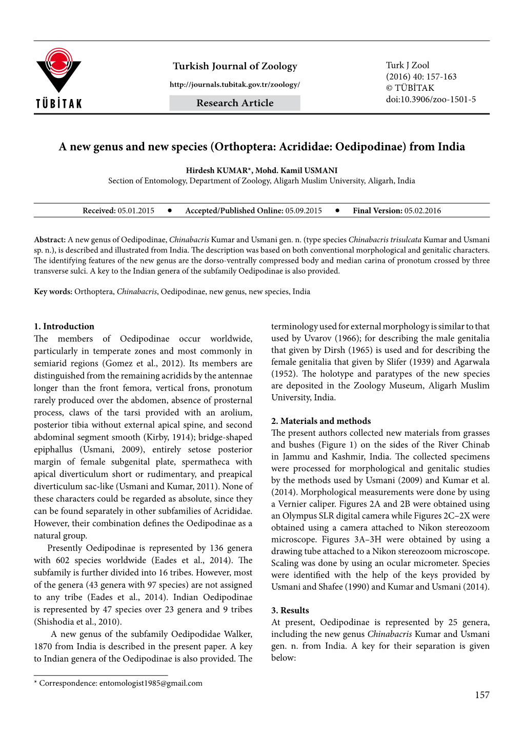 A New Genus and New Species (Orthoptera: Acrididae: Oedipodinae) from India