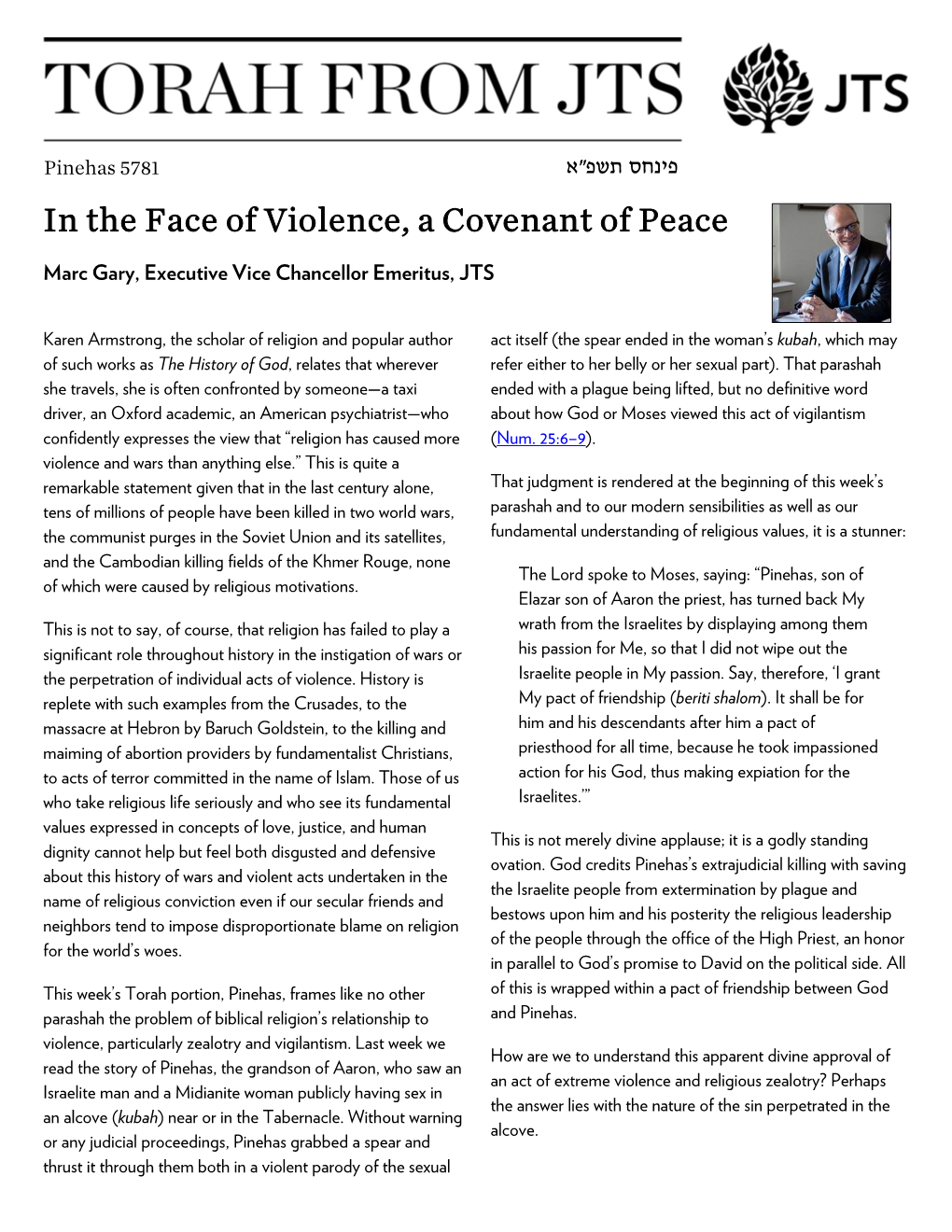 In the Face of Violence, a Covenant of Peace