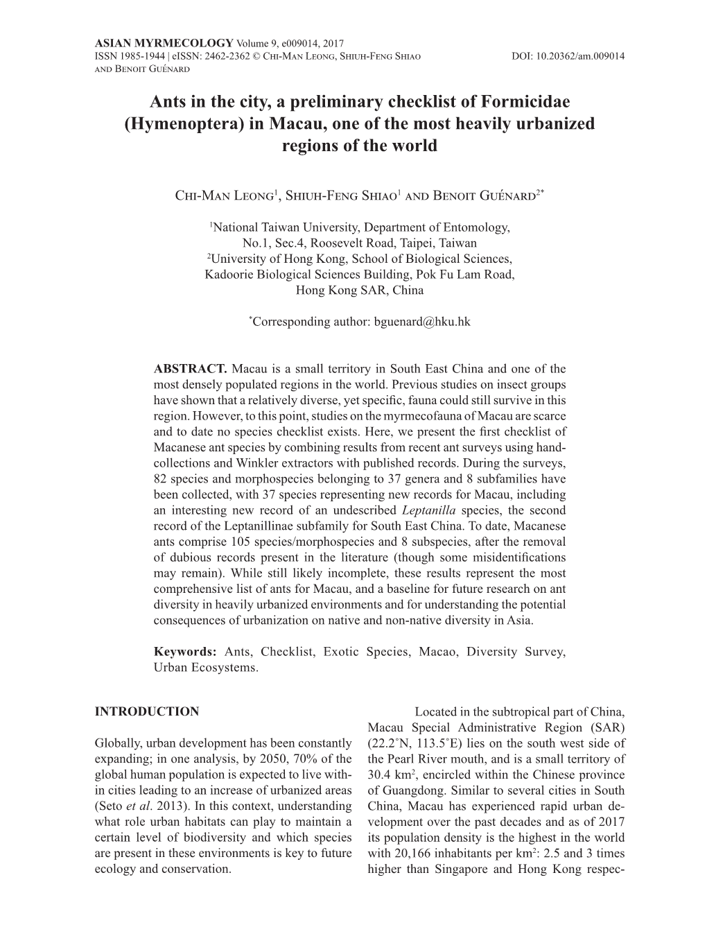 Ants in the City, a Preliminary Checklist of Formicidae (Hymenoptera) in Macau, One of the Most Heavily Urbanized Regions of the World